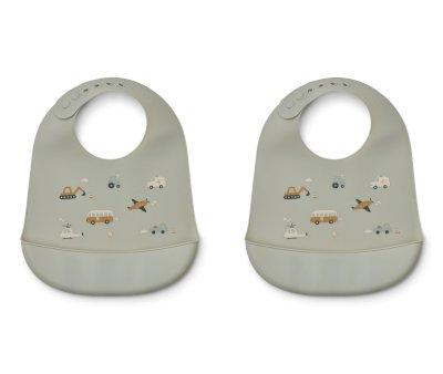 2 Silicone Bibs Tilda Vehicles Dove Blue Mix