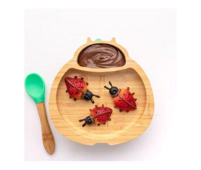Assiette en Bambou avec Ventouse Coccinelle Verte