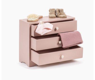Commode Ambroise pour Poupes en Bois Vieux Rose poudr avec 3 Tiroirs